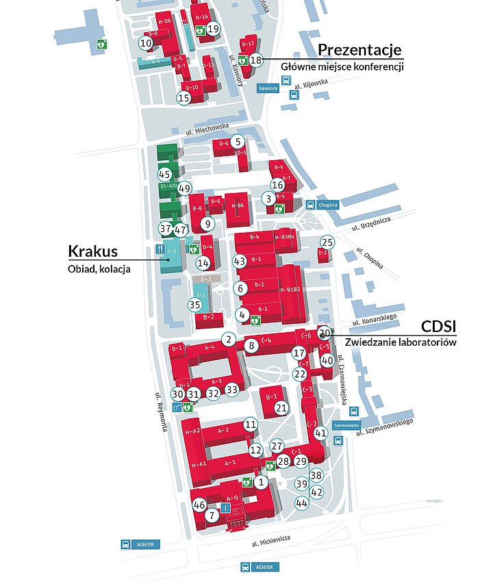 Mapa kampusu z zaznaczonymi miejscami, gdzie odbywają się wydarzenia w ramach konferencji